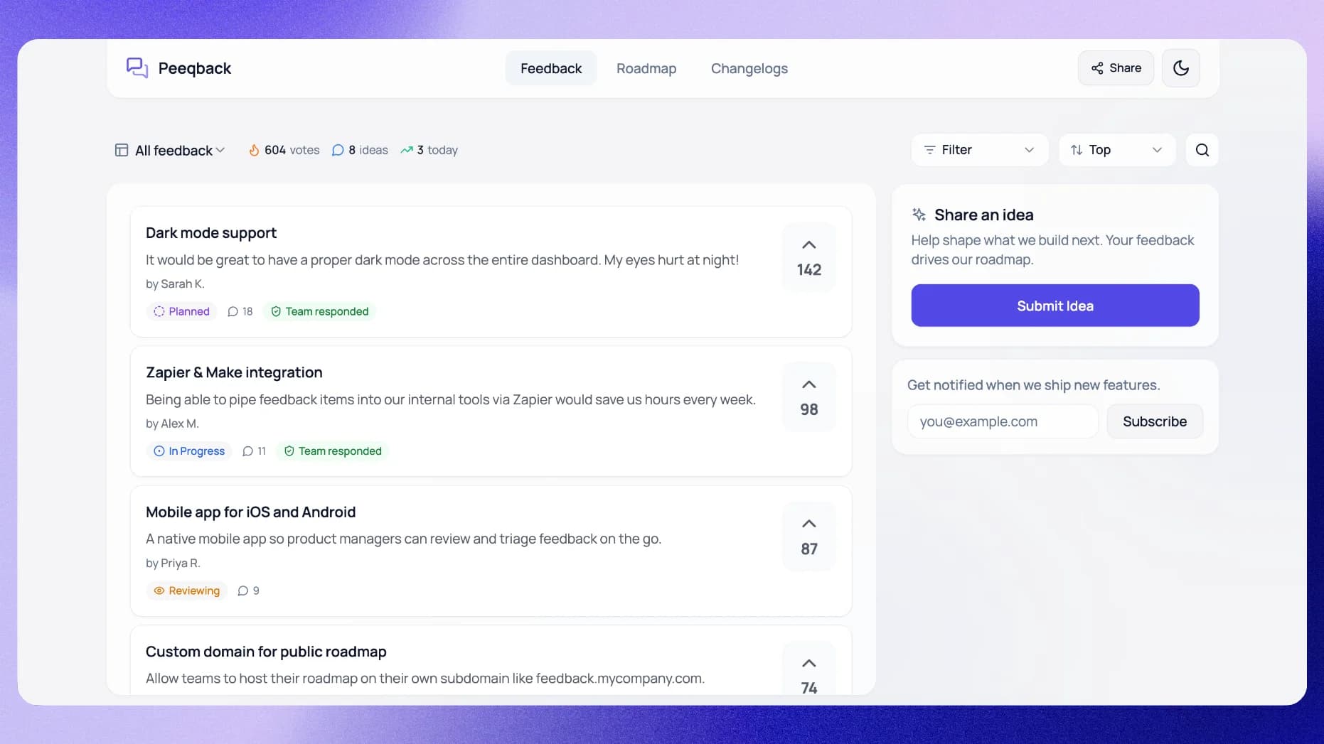 Peeqback feedback board showing voted feature requests and public roadmap